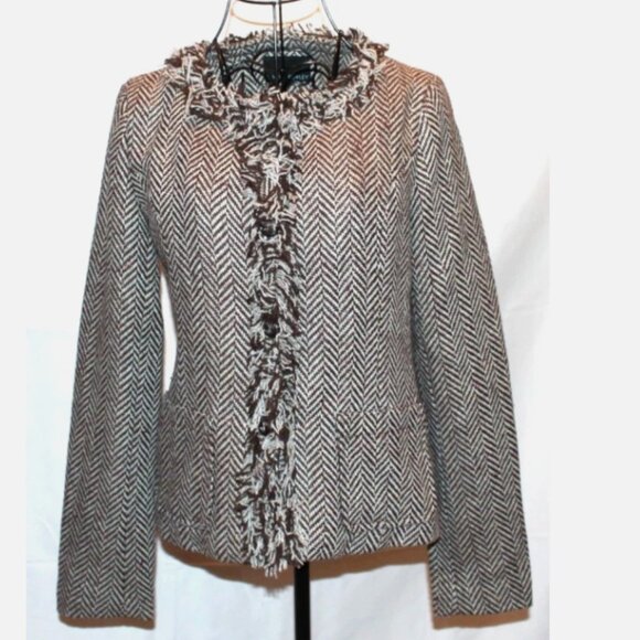 Cynthia Rowley Brown Chevron Blazer Raw Edged Fringed Jacket Sz S NWT Lined - Picture 1 of 4